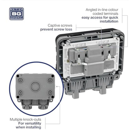 BG Electrical WP22RCD-01 Double Weatherproof Outdoor Switched Power Socket with Latching RCD, IP66 Rated, 13 Amp