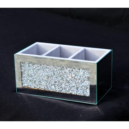 EagleWiz Crushed Diamond Jewel Brush Holder Organiser Beauty Box, 3 Compartment Makeup Storage Box, Silver