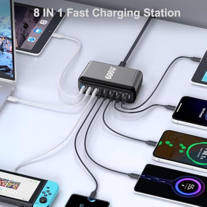 USB C Charger Block 600W 8 Port GaN3 Fast Charging Station Compatible with Laptop,ipad, iPhone 16/15/14/13 /12 Pro Max Fast Charge Pixel Note MacBook Pro/Air USB C Charger for Android