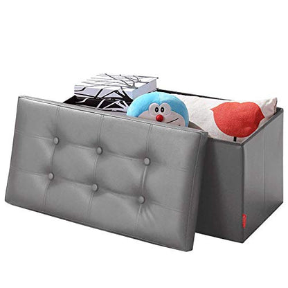 BRIAN & DANY Folding Ottoman Storage Bench with Lid, Foot Stool Faux Leather Large Storage boxes with Lid, Gray, 76 x 38 x 38 cm