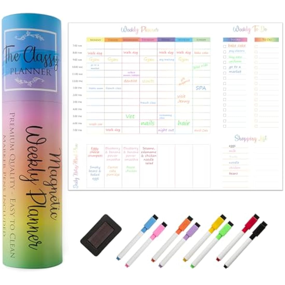 Weekly Magnetic Whiteboard for your Fridge - Family Organiser, Meal Chart, Shopping List - Student Planner, Business Notice Board, 8 Marker Pens & Eraser with Magnet & Gift Box Included, 11.7 x 16.5in