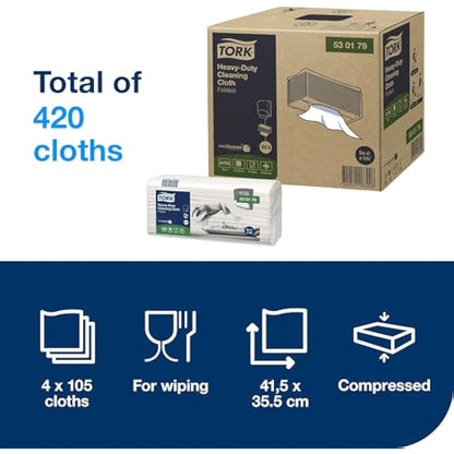 Tork Heavy-Duty Cleaning Cloth White W4, Multipurpose, 4 x 105 Cloths, 530179