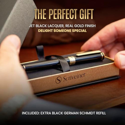 Scriveiner Black Lacquer Rollerball Pen - Multi Award Winning Luxury Rollerball Real Gold Plating, Schmidt Refill, Quality Executive Writing Pen for the Office, Journaling or Gift Set for Men & Women