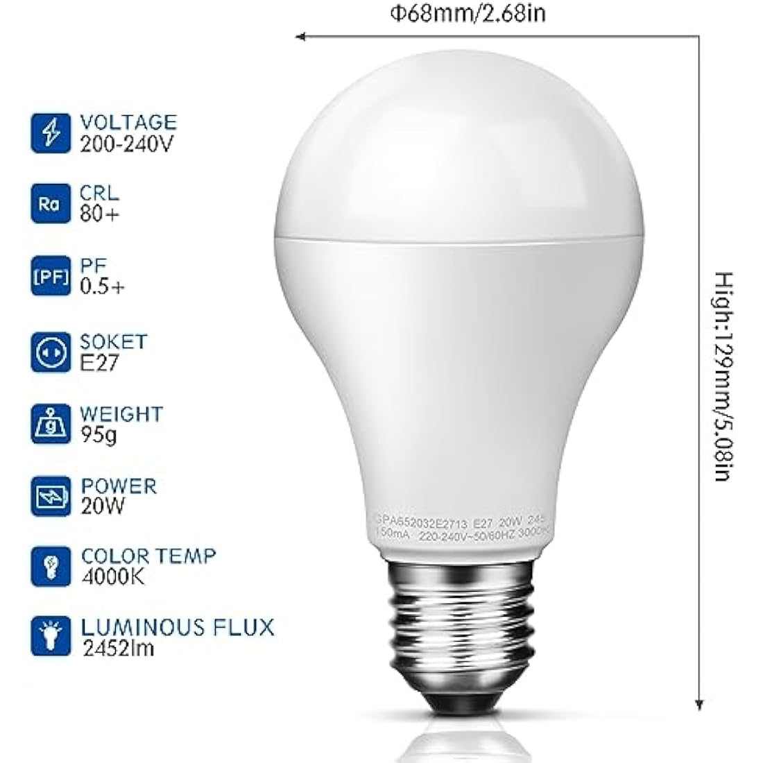 Awenia LED Light Bulb E27 Daylight Natural White A65 Edison Screw,20W 2452 lumens 4000K=150W Incandescent Bulb Golf Ball, Pack of 4