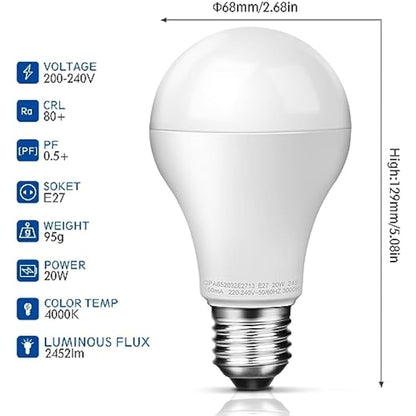Awenia LED Light Bulb E27 Daylight Natural White A65 Edison Screw,20W 2452 lumens 4000K=150W Incandescent Bulb Golf Ball, Pack of 4