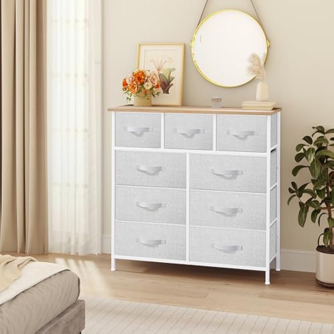 YITAHOME Wide Chest of Drawers with 9 Drawers, Fabric Dressers with Easy Pull Handle,Sturdy Steel Frame,Storage Drawers for Bedroom, Closet, Clothes, Light Grey