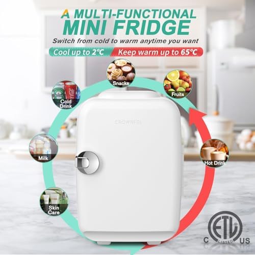 CROWNFUL Mini Fridge, 4 Liter 6 Can Portable Cooler and Warmer, Personal Fridge for Skin Care, Cosmetics, Food, Great for Bedroom, Office, Car, Dorm, ETL Listed (White)
