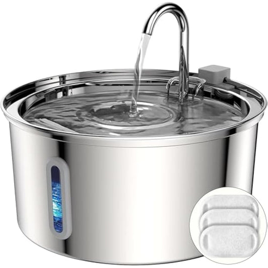TOMXCUTE 3.2L Stainless Steel Cat Water Fountain for Drinking, Tap Cat Fountain for Cats Terriers small-sized dogs, with Visible Water Level, Dishwasher Safe, Super Quiet Pump, Double Filter Cycle