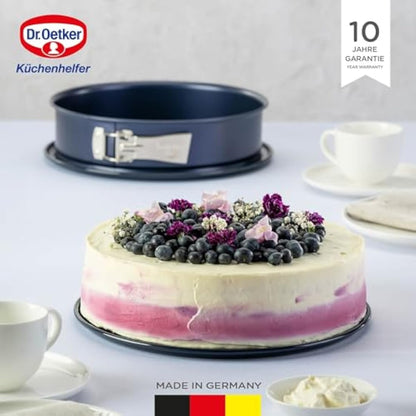 Dr. Oetker Springform Cake Tin 28cm Diameter, Round Cake Mold, Baking Pan, Cut & Scratch Resistant Flat Removable Base, Non-Stick Enamel Coating, Colour: Blue