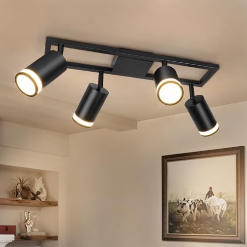 Dehobo LED Kitchen Ceiling Lights GU10, Black Ceiling Spotlights 4 Flames Swiveling 350°, Ceiling Light Bar Spotlight for Kitchen Bedroom Living Room, No Bulbs