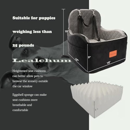 Lealchum Dog Booster Car Seat for Small/Medium Dogs,Puppy Portable Seat for Car with Elevated Cushion,Fully Detachable and Washable Pet Seat with Storage Pockets,Easy to Install (Black/Grey, Medium)