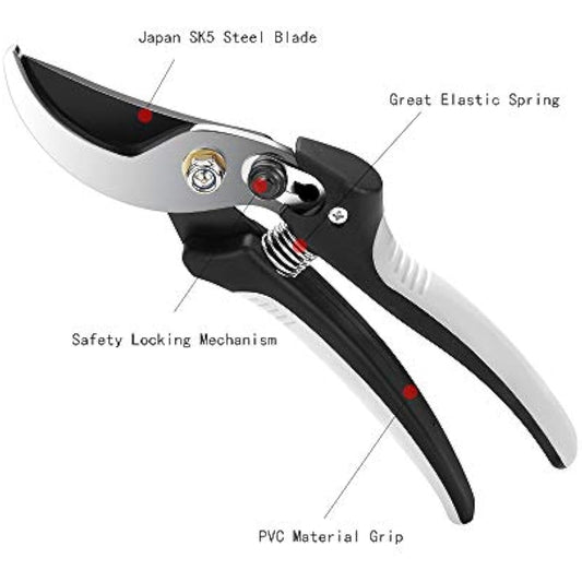Pruning Shears Tree Trimmers Secateurs Hand Pruner Stainless Steel Blades Professional Garden Clippers Bypass Secateurs with SK-5 Steel Blade and Locking Mechanism for Branches Stems and Flowers