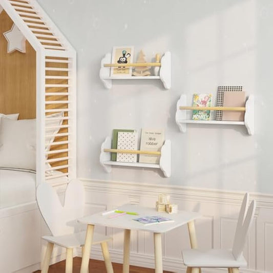 WOLTU Kids Wall Shelves Set of 3 Floating Shelves Kids Bookshelf, Children’s Bookcase Wall Mounted Book Storage Unit, Toy Organiser, Cloud Shape, White, 45x12.7x23cm