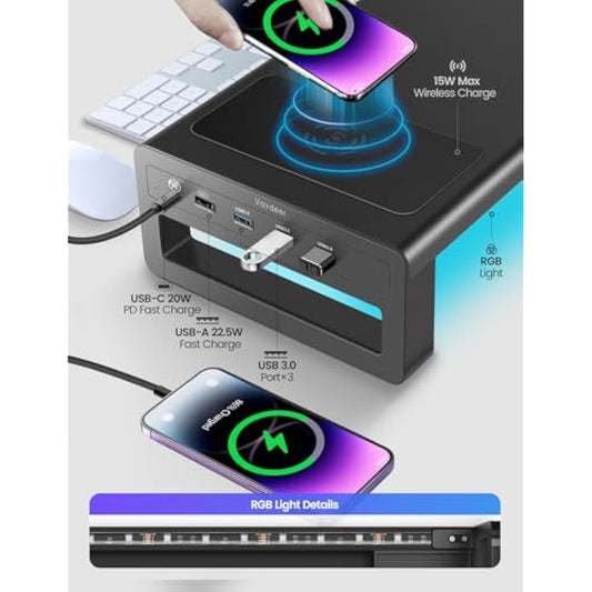 VAYDEER Monitor Stand with Wireless Charging,3 USB 3.0 Ports, 20W Type C Fast Charging, RGB Metal Computer Stand Riser for Desk,PC Screen Shelf for Office, Laptop, Computer,Printer up to 32 Inches