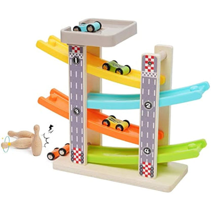 Wooden Car Ramp Toys Zig Zag Cars Slide Toddler Toys Wooden Click Clack Race Track Bowling Game Wood Car Toy Garage with 4 mini Cars 3 Bowlings for 1 2 3 Year Old Boys Girls Gifts