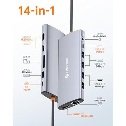 NOVOO USB C Docking Station Triple Display, 14-in-1 USB C to Dual HDMI Adapter with 40cm Cable, Dual 4K@60Hz HDMI, 8K@30Hz DP, 6 USB Ports, SD/TF, 3.5mm Jack, 100W PD, 1Gbps Ethernet for USBC Laptops