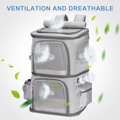 FASNATI Double-Compartment Pet Carrier Backpack, Cat Carrier Backpack for 2 Cats, Small Dogs, Perfect for Traveling/Hiking/Camping, Grey, XL