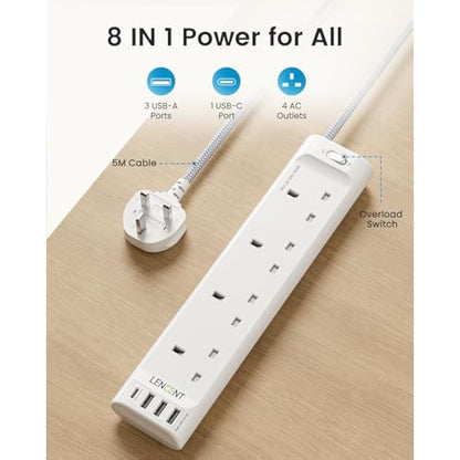 LENCENT 5M Extension Lead with USB Slots, 4 Way Outlets Power Strip with 4 USB Ports, Multi Power Plug Extension with 5M Braided Extension Cord for Home Office, 3250W 13A