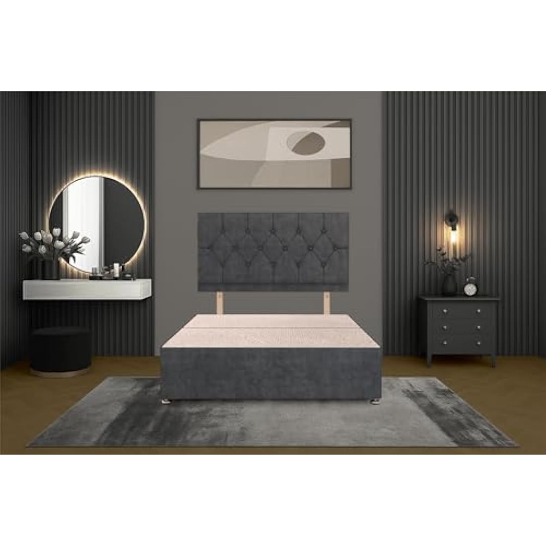 Bed Centre Charcoal Plush Fabric Divan Base Plus Matching Headboard3ft 4ft 4ft6 5ft 6ft (5FT (King))