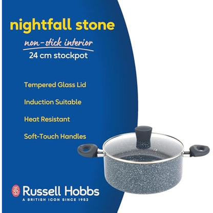 Russell Hobbs RH00849EU Stockpot With Lid - Non-Stick 24cm Induction Suitable Cooking Pot, Pressed Aluminium, PFOA-Free, Soft-Touch Handles, For Stews/Soups, Nightfall Stone Collection, Blue Marble
