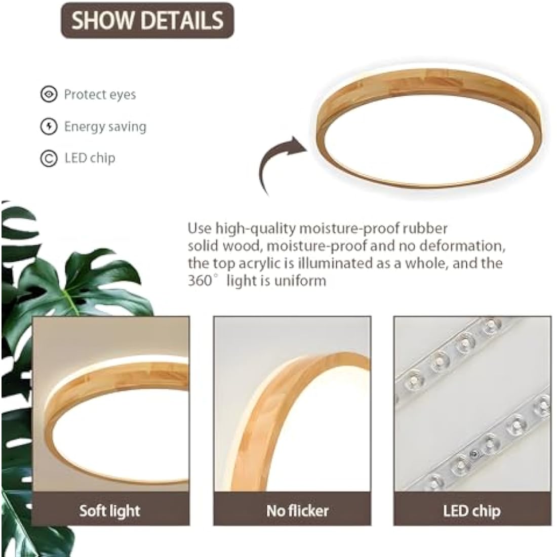 WayLuoung Wood LED Ceiling Light | Ø50cm 3000-6000K 36W | Round Top 360° Glow Natural Wooden Lamp, Bedroom Living Room Children's Room Kitchen Dining Room Home Office (Dimmable with Remote Control)