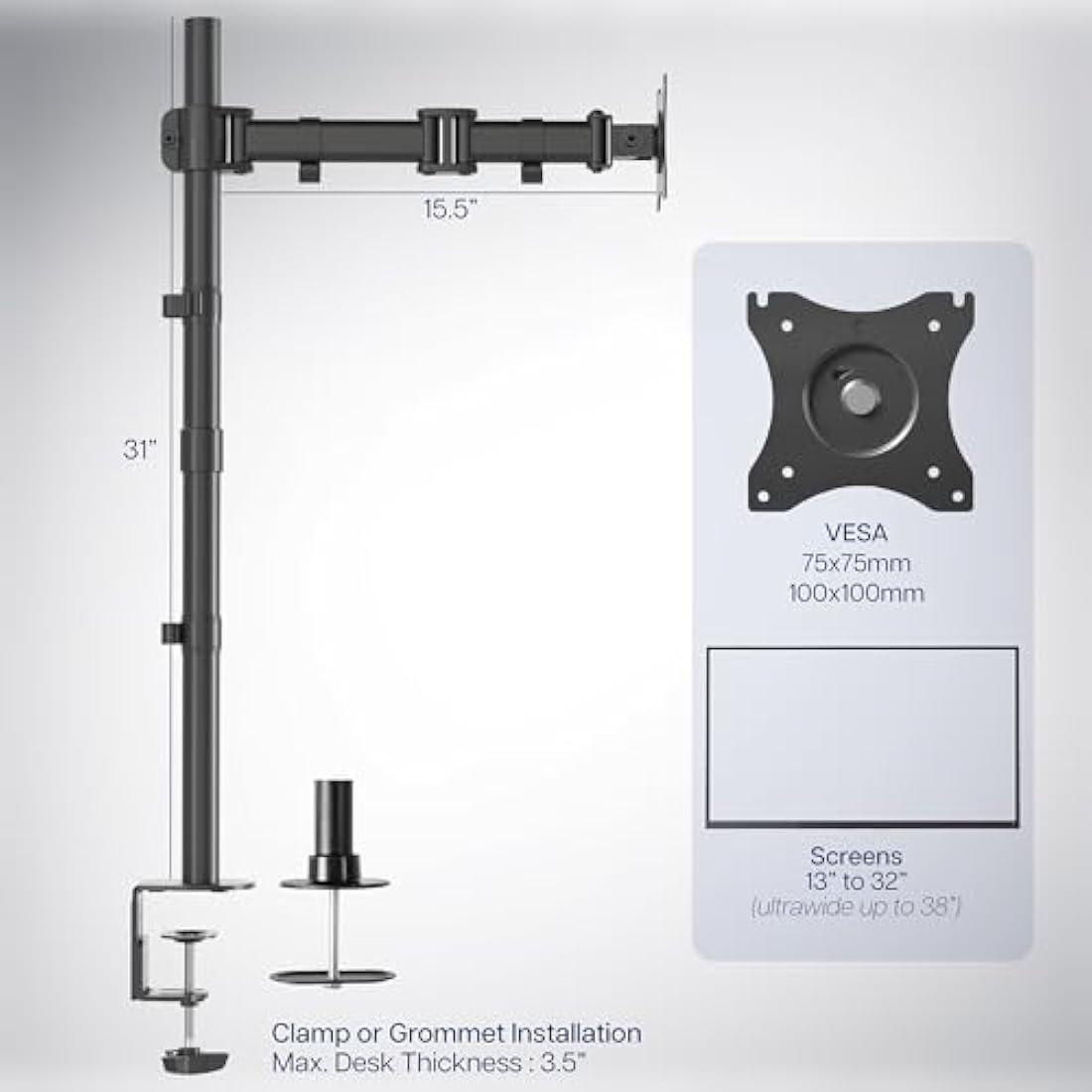 VIVO Single Monitor Desk Mount, Extra Tall Fully Adjustable Stand for 1 LCD Screen up to 32 inches, Ultra Wide Screens up to 38 inches, 22 lbs Capacity, STAND-V001T