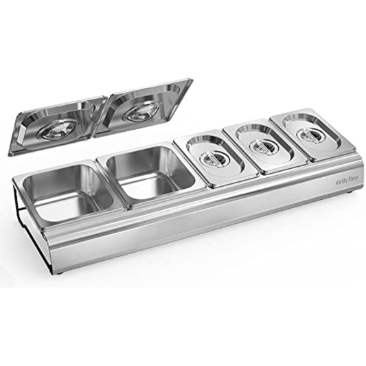 Onlyfire Pizza Topping Station Stainless Steel Seasoning Containers with Lid, 5 Compartment Trays for Preparing Ingredients and Toppings