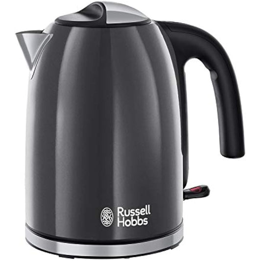 Russell Hobbs Grey Stainless Steel 1.7L Cordless Electric Kettle with black handle (Fast Boil 3KW, Removable washable anti-scale filter, Pull to open hinged lid, Perfect pour spout) 20414