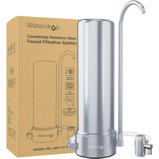 Waterdrop Water Filter Tap, 5-Stage Stainless Steel Tap Water Filter, Countertop Water Filter for 8000 Gallons, Reduces Heavy Metals, Bad Odor and 99% Chlorine, WD-CTF-01(1 Filter Included)