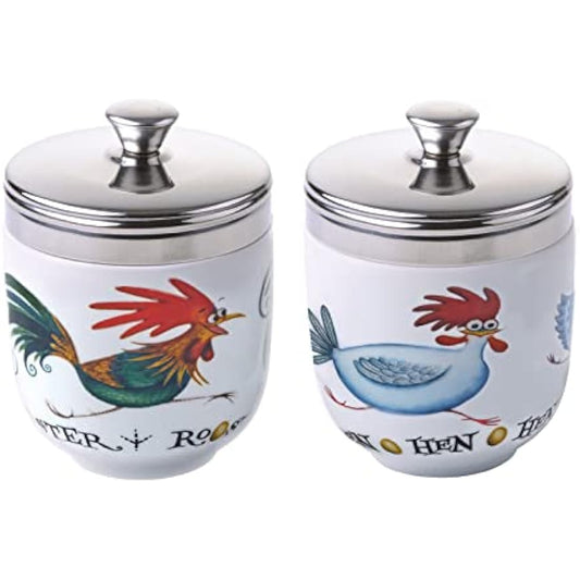 BIA International - Set Of 2 Porcelain Egg Coddlers - Chasing Chickens Design By Clare Mackie - Egg Boiler Kitchen Gadgets - Sous Vide Cooking Pot