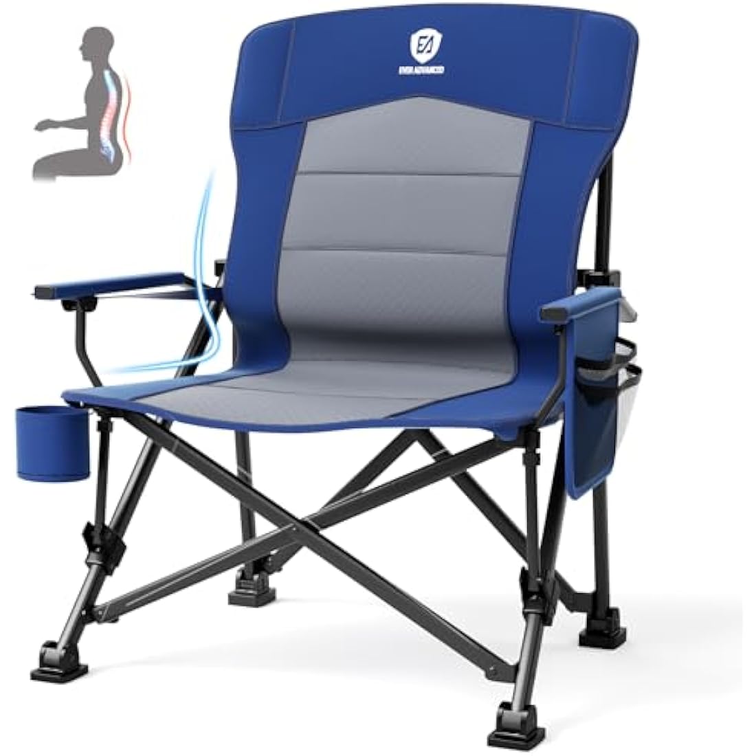 EVER ADVANCED Oversized Folding Camping Chair for Adults with Adjustable Lumbar Support, Heavy Duty Chair with Side Pockets, Portable Collapsible for Outside, Support Up to 230KG,Blue