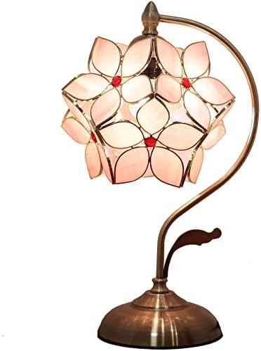 Bieye L30832 Tiffany Style Stained Glass Flower Petal Table Lamp with Brass Base for Home Décor (Pink, 8" Apple Blossom)