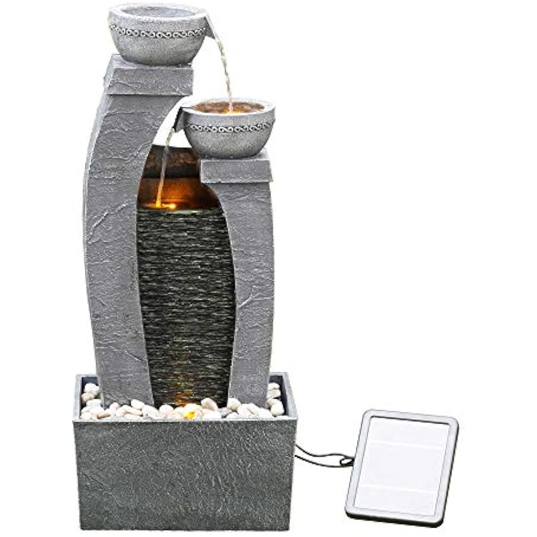Teamson Home Solar Powered Water Feature, Indoor or Outdoor Garden Water Fountain, Indoor Waterfall with Battery Back Up and LED Lights, 3 Tier, Grey