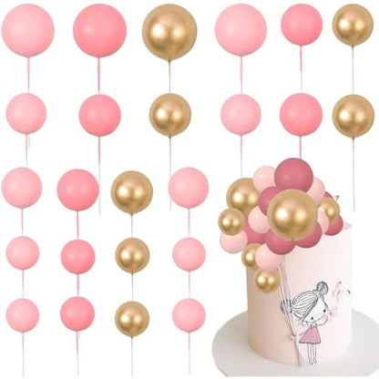 Gyufise 30Pcs Pink Gold Ball Cake Toppers Mini Balloon Cupcake Toppers DIY Foam Ball Cake Insert Decoration for Wedding Anniversary Birthday Party Supplies Decorations