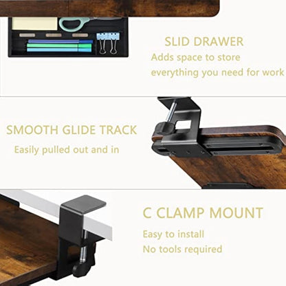ETHU Under Desk Keyboard Tray, 68x30cm Ergonomic Pull-out Tray with C-Clamp Large Size Keyboard Tray Mount Easy to Install, Computer Keyboard Stand for Home and Office（Walnut）
