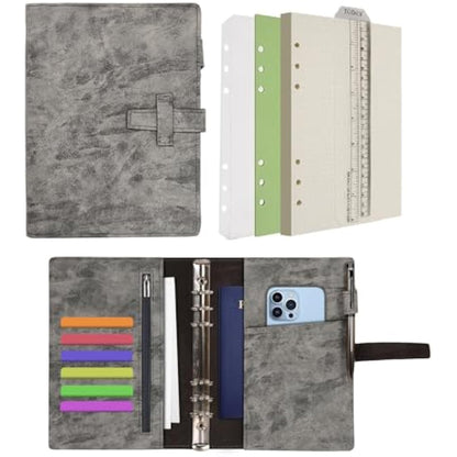 Wonderpool Leather Diary 6 Ring Binder Folder Organiser with Dotted Paper Refillable Writing Notebook & Multi Pockets Cover for Business Study Travel (A5, Grey)
