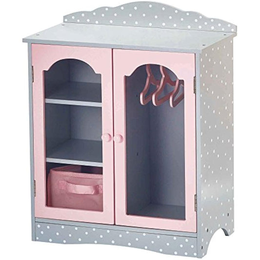 Olivia's Little World Polka Dot Princess Wooden Shaker-Style Double Closet for 18" Doll Wardrobes with Windowed Doors, Three Shelves, Hanging Space with Hangers, Grey/Pink
