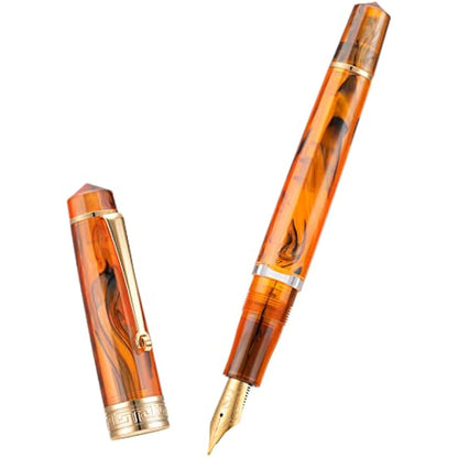 Asvine P20 Piston Fountain Pen Amber Resin, Iridium Extra Fine Nib Gold Trim Smooth Writer Collection with Case Set