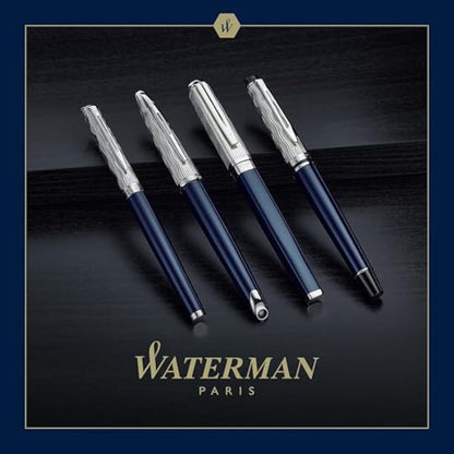 Waterman Expert Rollerball Pen | Metal & Blue Lacquer | Chiselled Cap | Black Ink | Gift Box