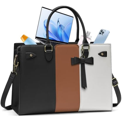 RAINSMORE Laptop Bags for Women PU Leather Work Bags for Women Tote Bag Large Handbag Shoulder Bag for Office 15.6 Inch Bussiness Black with White and Brown