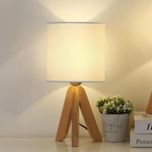 UOMIO Wooden Tripod Lamps Set of 2 Tripod Table Lamps with Wooden Base and Fabric Shade Lights Small Bedside Lamps for Warm Atmosphere Bed Room Living Room Decoration