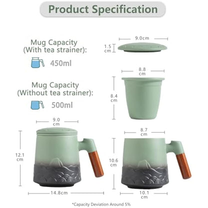 ZENS Embossed Ceramic Tea Mug With Infuser and Lid - 500 ML Loose Leaf Cup With Strainer, Wood Handle - Gifts for Tea Lovers, Steeper Accessories