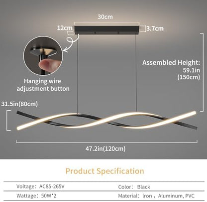Mikeru 120CM Wave Pendant Light, Black Creative LED Dining Lights 3000/4500/6000K Dimmable 10% to 100% Pool Table Lighting Adjustable Kitchen Island Lamp for Living Room, Bedroom
