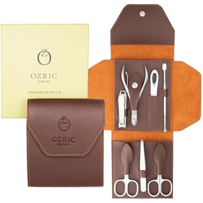 Ozric Luxury Mens Manicure Set, Pedicure Set - Nail Clippers & Grooming Kit for Men & Women, Stainless Steel Nail Kit with Brown PU Leather Travel Pouch, UK Designed Elegance