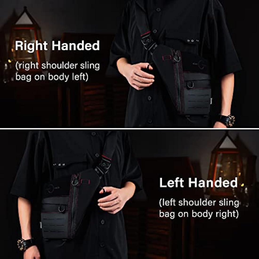 TACTICAL_GEEK Cache L1 Sling Shoulder Bag, Lightweight Multipurpose Daypack, Chest Backpack Casual Shoulder Crossbody for Daily Carry, Outdoor Sports, Hiking, Camping, Trekking, Black Red& Left