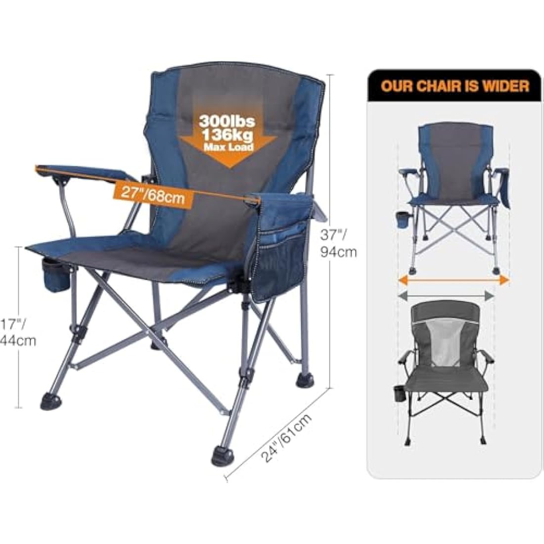 REDCAMP Oversized Folding Camping Chair for Heavy People 200kg, Deluxe Large Heavy Duty Garden Chair for Adults Outdoor Travel Picnic Fishing, Blue