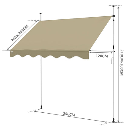 VOUNOT? 2.5 x 1.2m Patio Telescopic Awning, Retractable Manual Awning, Adjustable Waterproof Canopy with Hand Crank, Balcony Sun Shade Shelter, Beige