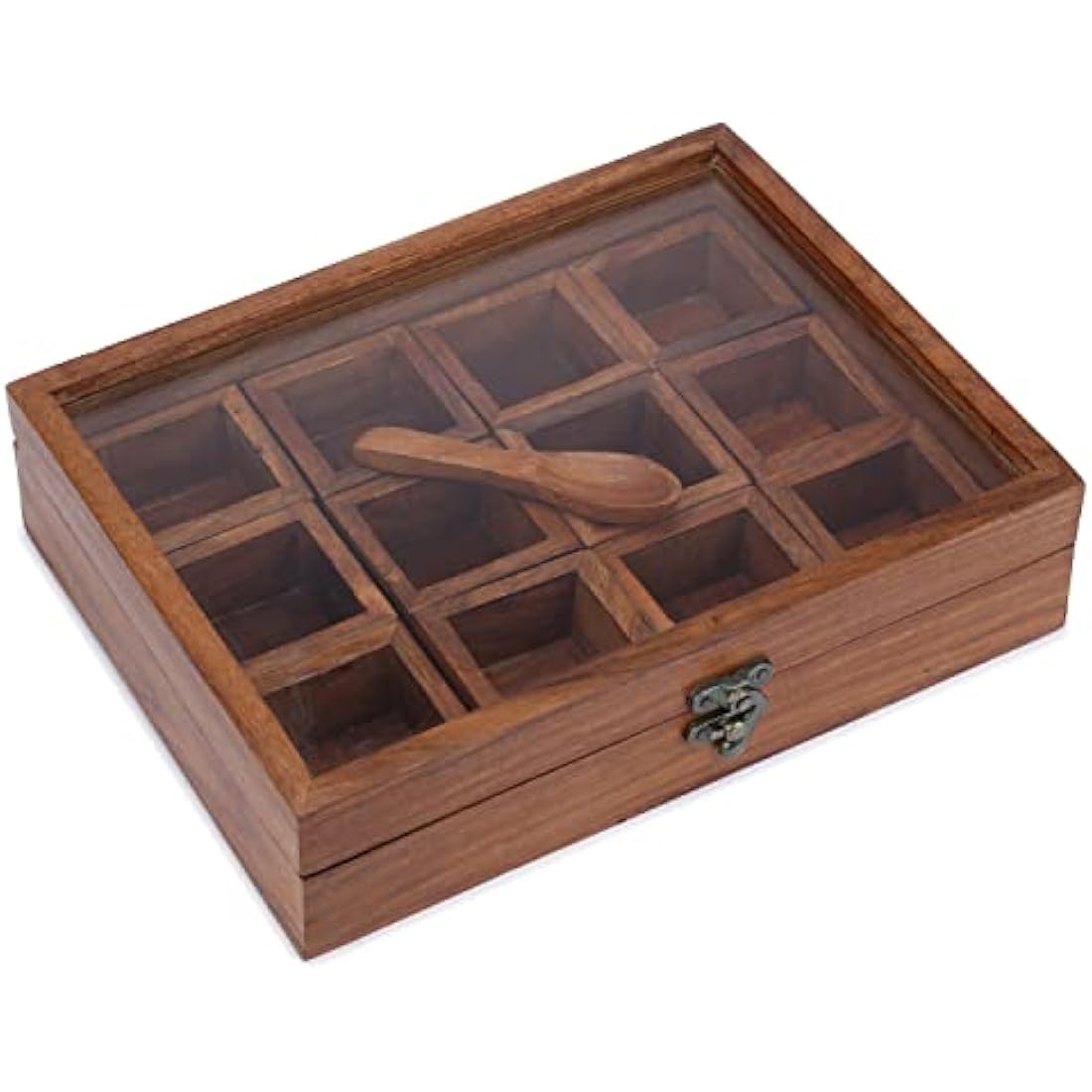 Ajuny Wooden Spice Box - Masala Dabba Organizer with Glass Lid on Top, 12 Removable Compartments and 1 Designer Spoon Spice Storage Container, Ideal for Seasonings & Herbs Best Gifts