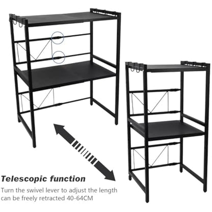 Multibao Expandable Microwave Shelf, 3 Tier Microwave oven Rack Stand Storage Holder Kitchen Corner Shelf Desktop Printer Shelf Rack, Bakers Rack (Black)