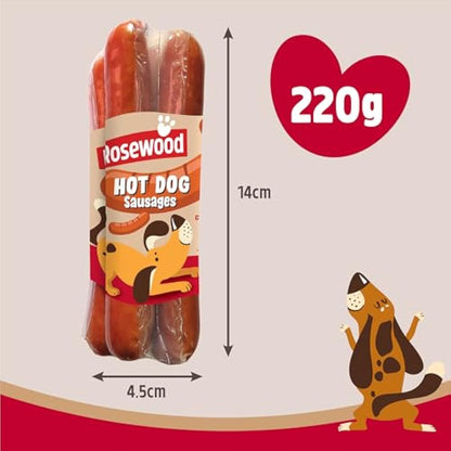 Rosewood Hot Dog Sausages for Dogs - Gluten Free Sausages, Made with Real Chicken and Pork Meat, Meaty Treats for Small, Medium, Large Dogs and Puppies (Case of 12 x 220g)